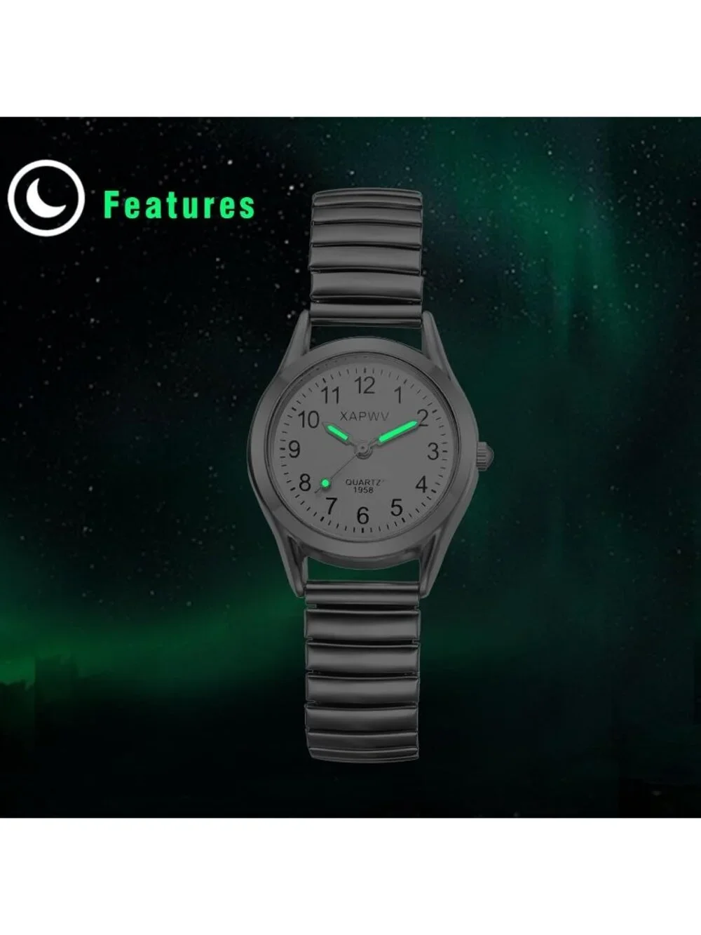 Women's Silver Analog Quartz Luminous Easy Reader Stretch Band Round Wrist Watch